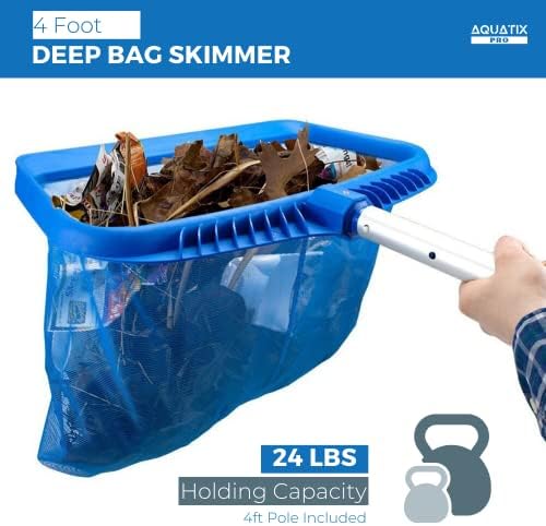 Aquatix Pro Pool Skimmer Professional Grade Deep Bag Pool Leaf Rake with 4 Feet Strong Telescopic Pole & EZ Clips for Above Ground & Inground Swimming Pools, Fine Mesh Bag Removes All Debris!