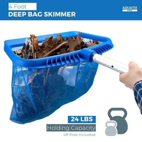 Aquatix Pro Pool Skimmer Net With Pole, 4Ft Aluminum Telescopic Pole & Heavy Duty Fine Mesh Leaf Bag, Large Capacity, Best For Above Ground & Inground Swimming Pools, Hot Tub, Spa, Ponds, Complete Kit #TOP3