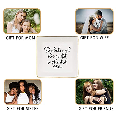 Image of Jewelry Tray Ceramic Trinket Dish Ring Funny Birthday Gifts for Women Unique New Job Spiritual Congratulations Gift Best Friend Mom Friendship Office Decor,She Believed She Could So She Did