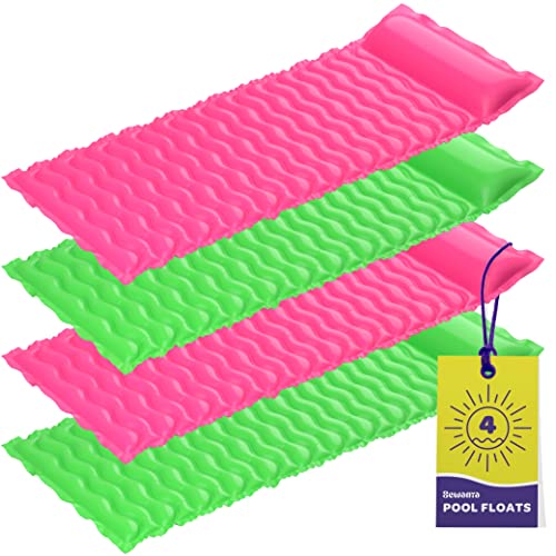 Pool Floats [Set of 4] Wave Mat Pool Floats Adult Size with Headrest - Inflatable Pool Floats Lounge Comes in 4 Fun (90” X 34") Relaxing Floats for Swimming Pool or Beach.