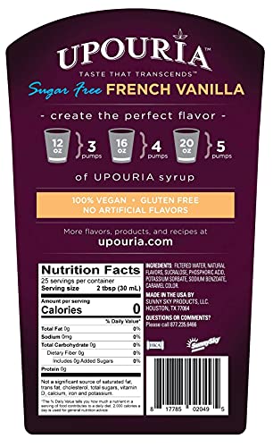 Upouria Sugar Free French Vanilla & Caramel Coffee Syrup Flavoring, 100% Vegan, Gluten Free, Kosher, Keto, 750 Ml Bottle (Pack Of 2) With 2 Coffee Syrup Pumps #TOP5