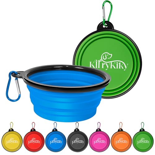 Collapsible Dog Bowls, 2 Pack 11oz Portable Travel Dog Bowls, Foldable Water Bowl for Dogs Cats, Pet Feeding Watering Dish with Carabiner, Food Grade Silicone BPA Free(Blue+Green, Small)