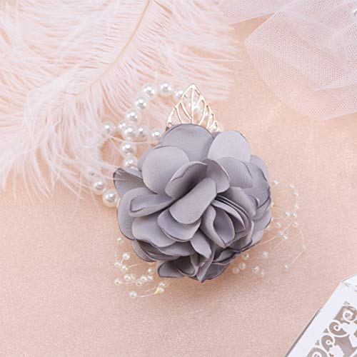 SUPVOX Light Grey Artificial Flower Wrist Corsage Pearl Bracelet for Bridesmaid Bride Wedding Prom Party Formal Events 2.75X2.75X4.72 Inch Elegant Bridal Wrist Flowers - Image 2