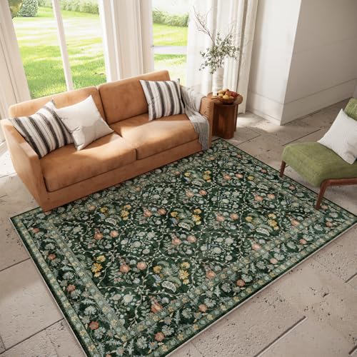 Image of Vintage Botanical Dark Green Area Rug 6x9 Elegant Floral Pattern, Durable Stain-Resistant Fabric, Perfect for Living Room, Bedroom, Dining Room Decor