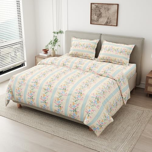 Image of haus & kinder Bedsheet for Double Bed King Size, 108 * 108 Inches King Size Bed Sheet Cotton with 2 Pillow Covers 186TC Cotton Bedsheets for King Size Bed- Serenade of Flowers