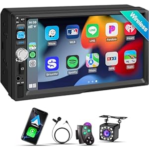 Wireless Apple CarPlay & Android Auto, Double DIN Car Stereo – 7″ IPS Touchscreen 1024*600, FM Car Radio, Bluetooth 5.2, 180W, HD Backup Camera, Subwoofer, USB,SWC, MIC, Car Play Audio Receiver,Dual