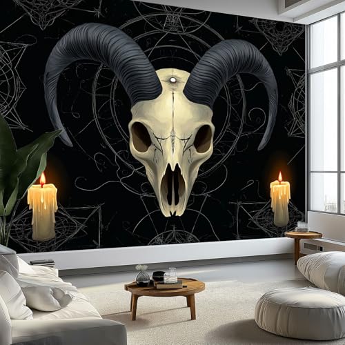 Papel Pintado Panorámico Calavera Cabra Gótica, Mural No Tejido Premium 350 x 256 cm, Póster Surrealismo para Sala de Estar, Dormitorio, Dormitorio Infantil, Decoración de Pared