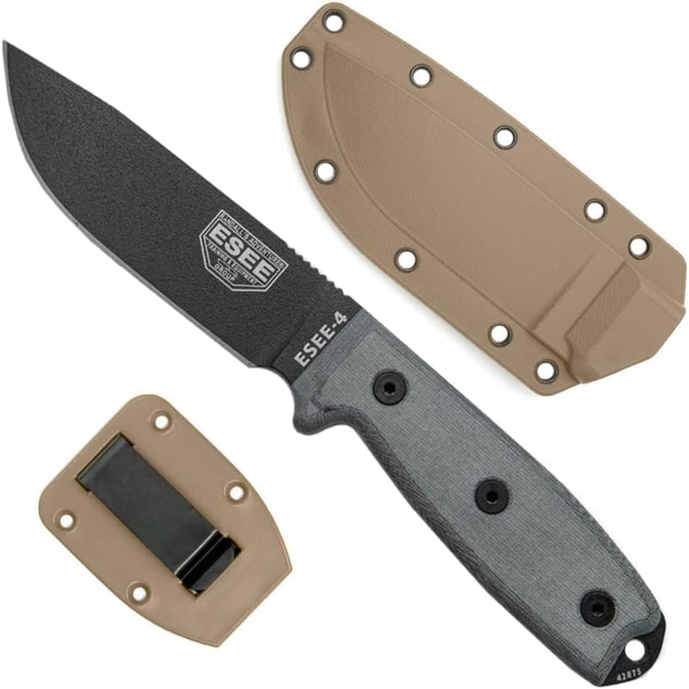 ESEE Knives 4P Fixed Blade Knife w/Handle and Molded Polymer Sheath (Black Blade/Grey Micarta Handle/Coyote Tan Sheath)