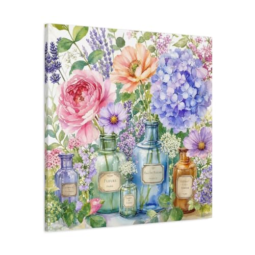 Tableau salon aquarelle grand format floral fleur multicolore carré