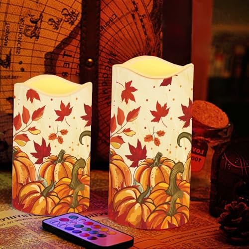 Image of Fall Maple Leaf Pumpkin Flickering Flameless Candles with Remote LED Pillar Candles Battery Operated with Timer Color Changing Electric Candles for Thanksgiving Day Home Kitchen Decor