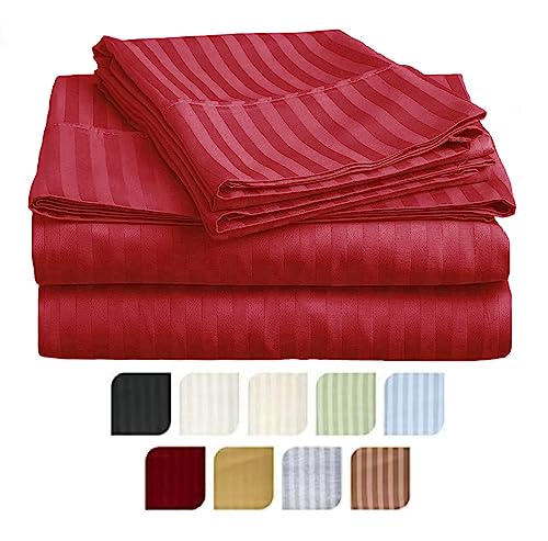 Image of Sofrito Bed Sheet Glace Cotton Striped - 300 TC - Double (90 inchx100 inch) - with 2 Pillow Cover | Ideal for Hospitals, Clinics, Hostels, PGs, Hotels & Guest Houses | Crimson Red