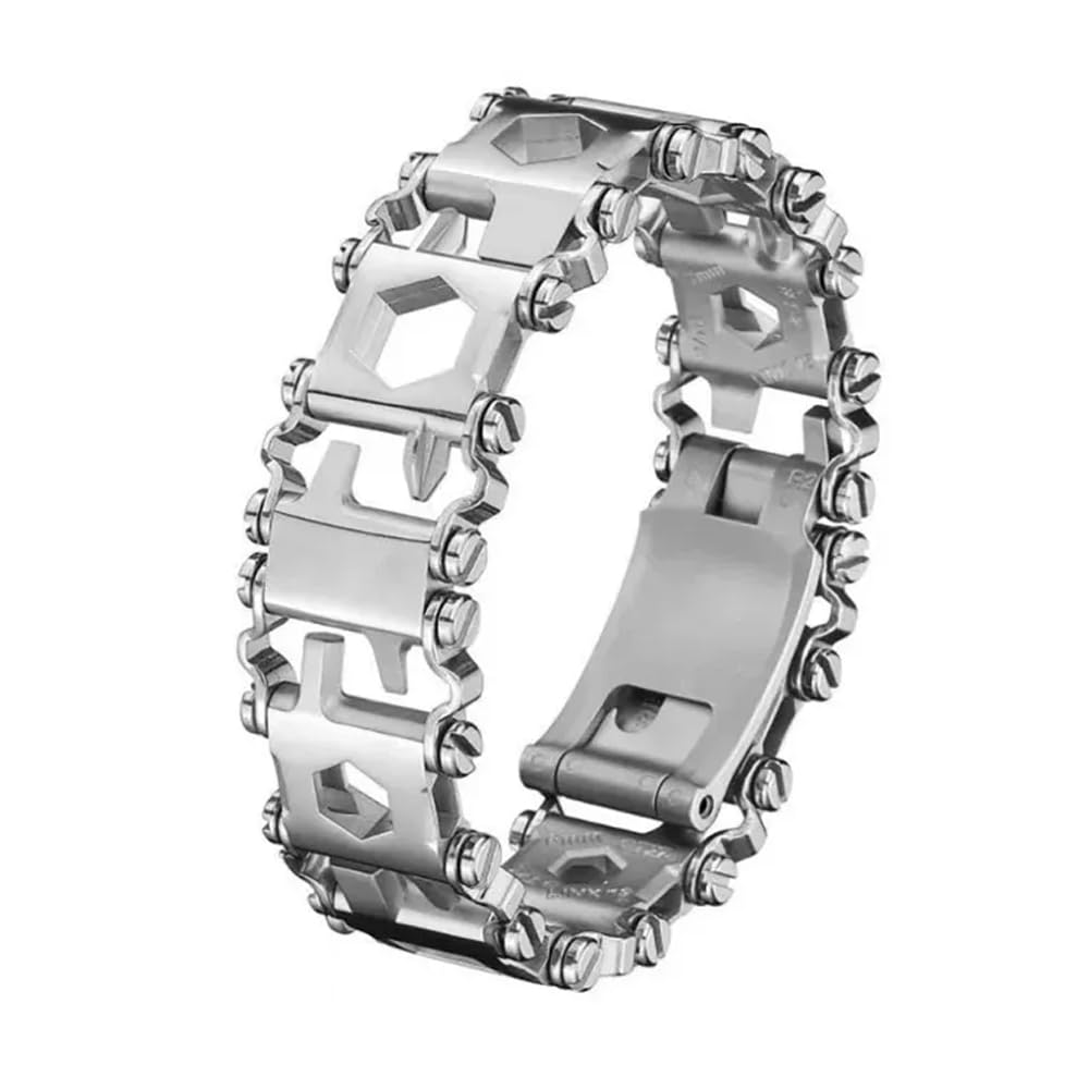 Bracelet multifonction pour Homme – Bracelet multifonction 29 en 1 en Acier inoxydable, adapté aux Voyages, adapté pour la Voile, le Camping, la randonnée – Argent, 21 cm