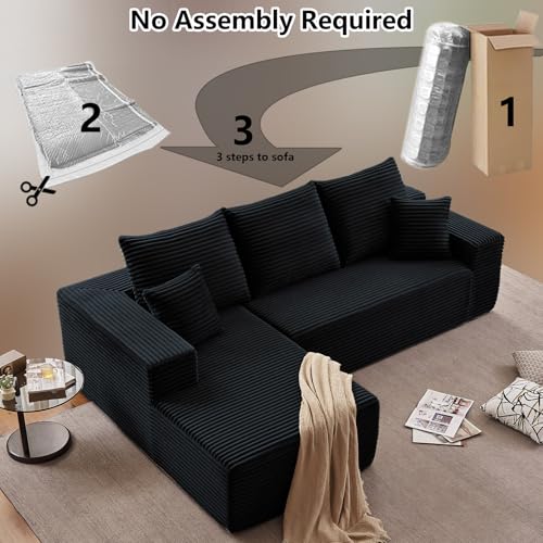 Image of 107 inch Cloud Sectional Couch with L-Shape Chaise, Modern Modular Comfy Sofa with Deep Seat, Upholstered Corduroy Couches Sleeper Chaise Longue for Living Room Bedroom, No Assembly Required, Black