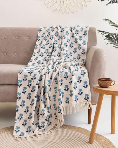 Image of Handmade Cotton Hand Block Floral Print Throw Blanket for Sofa Couch & Sofa, Car, 50x60 Inches (Multi-Color 07)-350 TC