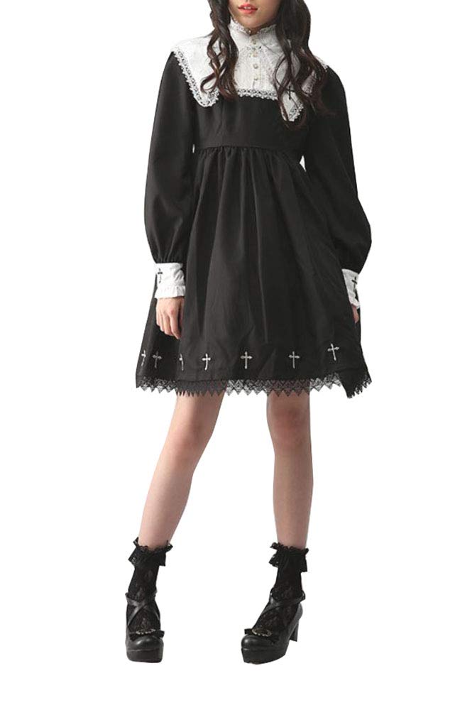 Nite closet Gothic Dress Long Sleeve Black Lolita Gothic Casual Vintage Cross Embroidery