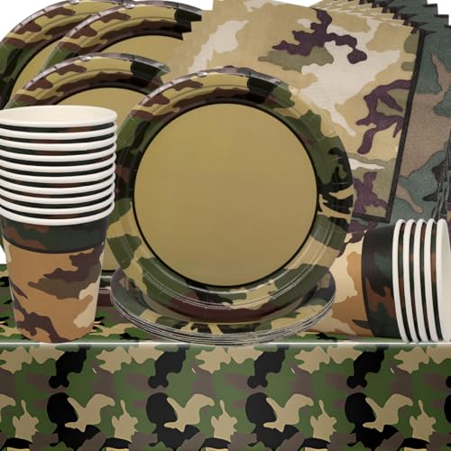 Camuflaje Decoración de Cumpleaños, Doyomtoy Camo, Vajilla de Fiesta de Cumpleaños, Tazas, Servilletas de Cumpleaños para Niños Camuflaje Verde Caza Fiesta 16 Invitados