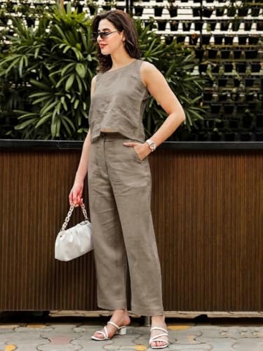 Image of Vogaan Women Cotton Linen Blend Straight Fit Trousers | High Waist Casual Office Pants | Solid Ankle Length Bottom Wear