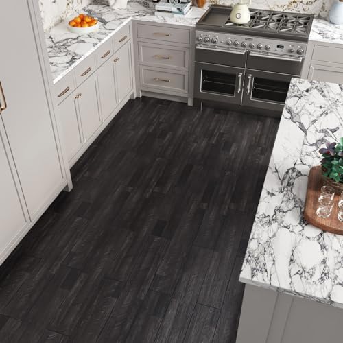 Carreaux de sol autocollants vinyle imperméables aspect bois gris foncé 15,2x91,4 cm