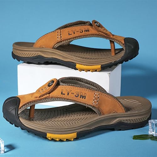 MILDSEVEN Handmade Men's Large Size Hiking Sandals, Fashion Real Leather Closed Toe Slippers, Outdoor Breathable Backpacking Beach Shoes,8,Gold