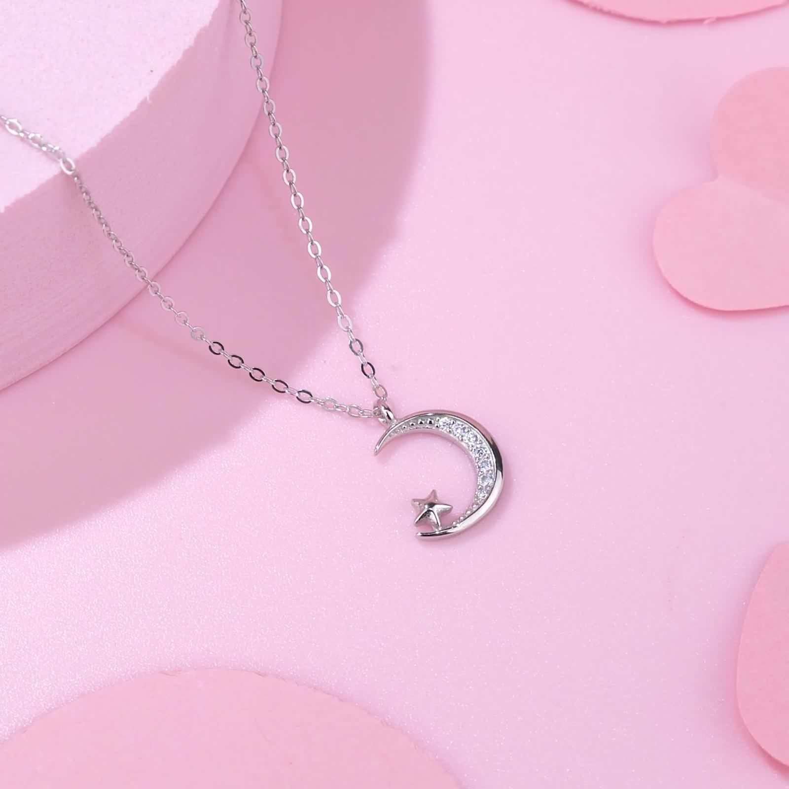 Moissanite Collana, Collana Donna Lunga Vintage Ciondolo Catenina Gioielli Oro Bianco 9K/14K/18K Stella Luna 40+5cm