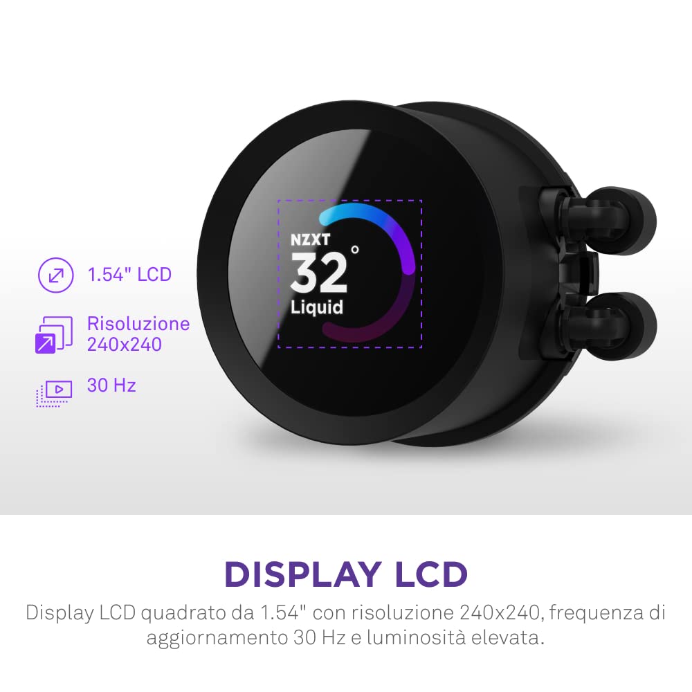 NZXT Kraken 240 - RL-KN240-B1 - Raffreddamento a liquido CPU AIO 240 mm - Display LCD quadrato da 1,54" personalizzabile - 2 ventole F120P - Nero