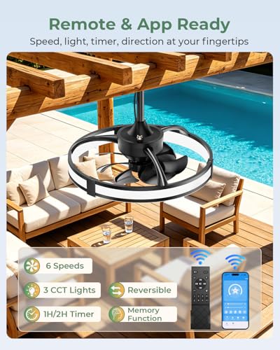Ausic 20" Outdoor Ceiling Fan with Light, IP65 Waterproof Outdoor Gazebo Fan for Patios, Plug in Caged Hanging Fan with Remote Control Smart App 3CCT 6-Speeds for Garage, Porch, Deck, Pergola - image 4