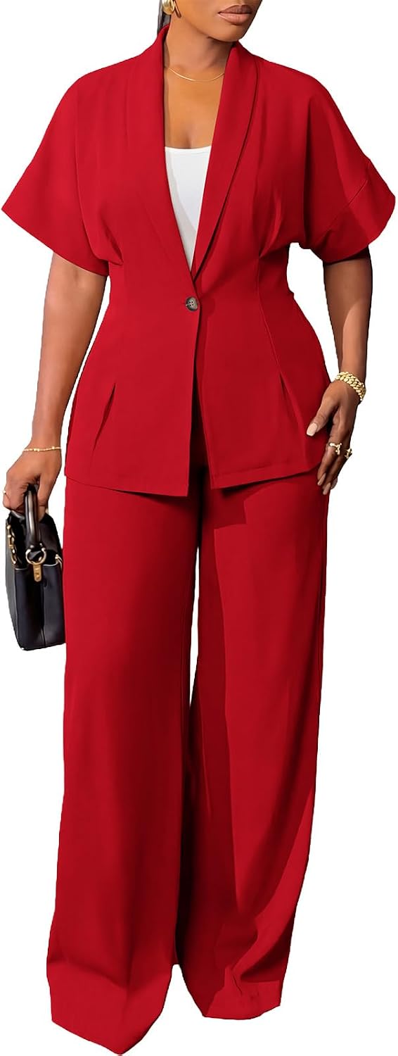 Women's 2 Piece Suit Set Short Sleeve Blazer & Wide Leg Pants Set Summer Work Pantsuit for Business Casual