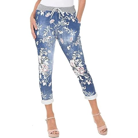 Chilgoza Pantalones deportivos de mezclilla para mujer con estampados florales y de estrellas Cover