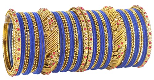 Image of NMII Metal with Zircon Gemstone and Beads Studded Ball Chain Linked Glossy Finished Velvet Bangles Chuda set for Women and Girls