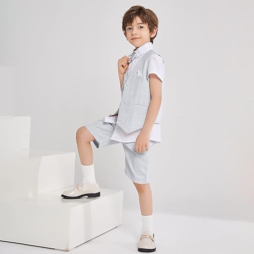 Miniatura 6 de Traje de verano para niños, ropa de vestir para niños, traje de portador de anillo de boda, 4 piezas, camisa, chaleco y pantalones cortos