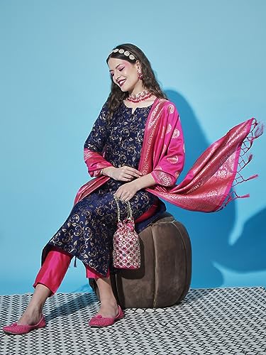 Image of VredeVogel Women's Cotton Silk Jacquard Kurta Pant Set with Banarasi Woven Self Designed Dupatta