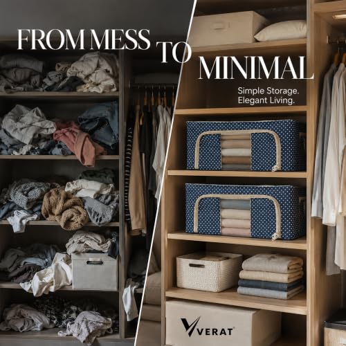 Image of VERAT 4 Pcs 66 Liters Foldable Steel Frame Cloth Organizer with Handle for Storage /Wardrobe Organizer with Zipper /Front & Top Open Almirah Organiser for Sarees /Shirts /Blankets /Clothes Bag- (Blue)
