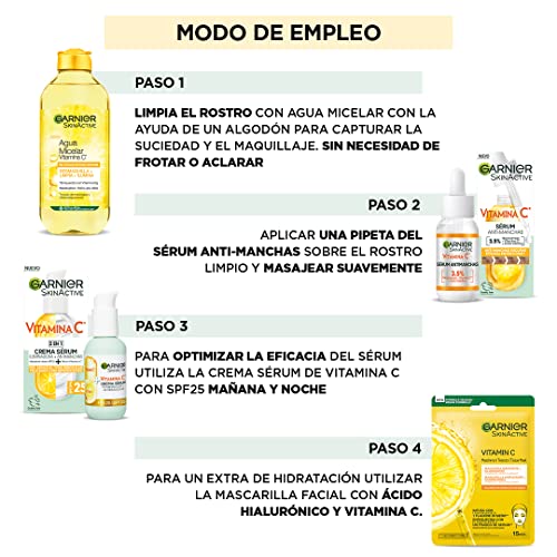 Garnier Set Anti Manchas, Sérum con Vitamina C y Sérum Cream un Cuidado 2en1 y Mascarilla Facial con Ácido Hialurónico y Vitamina C y Agua Micelar 400 ml