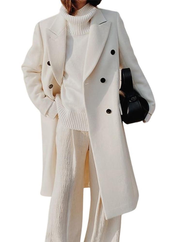 chouyatou Women's Double Breasted Wool Coat Notched Lapel Collar Winter Pea Coat Overcoat Long Jackets-picture-27