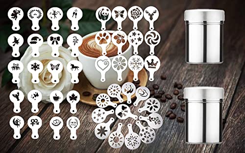 44 Coffee Art Stencils + 2 Steel Mesh Powder Shakers, Magnoloran Coffee Decorating Templates Cookies Baking Painting Mold Foam Latte Art Barista Stencils for Dessert Cupcake Cake Cappuccino Mousse