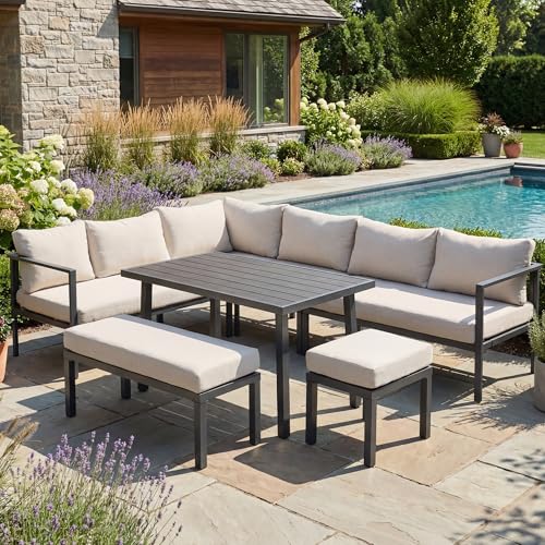 Yihomfy Salon de Jardin Extérieur 9 Personnes, Configuration d'angle, Structure en Acier Galvanisé, Table en Plastique-Bois, Inclut Canapé, Bancs, Fauteuils...