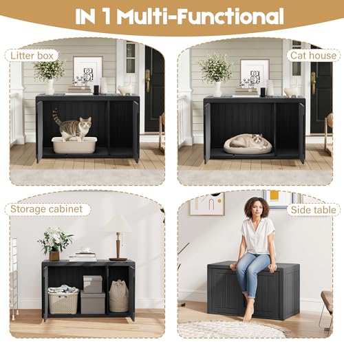 Image of Cat Litter Box Enclosure, Covered Cat Litter Box with Adjustable Partition, Multi-Functional Hidden Enclosed Litter Box Furniture, Easy to Clean & Assemble, Black