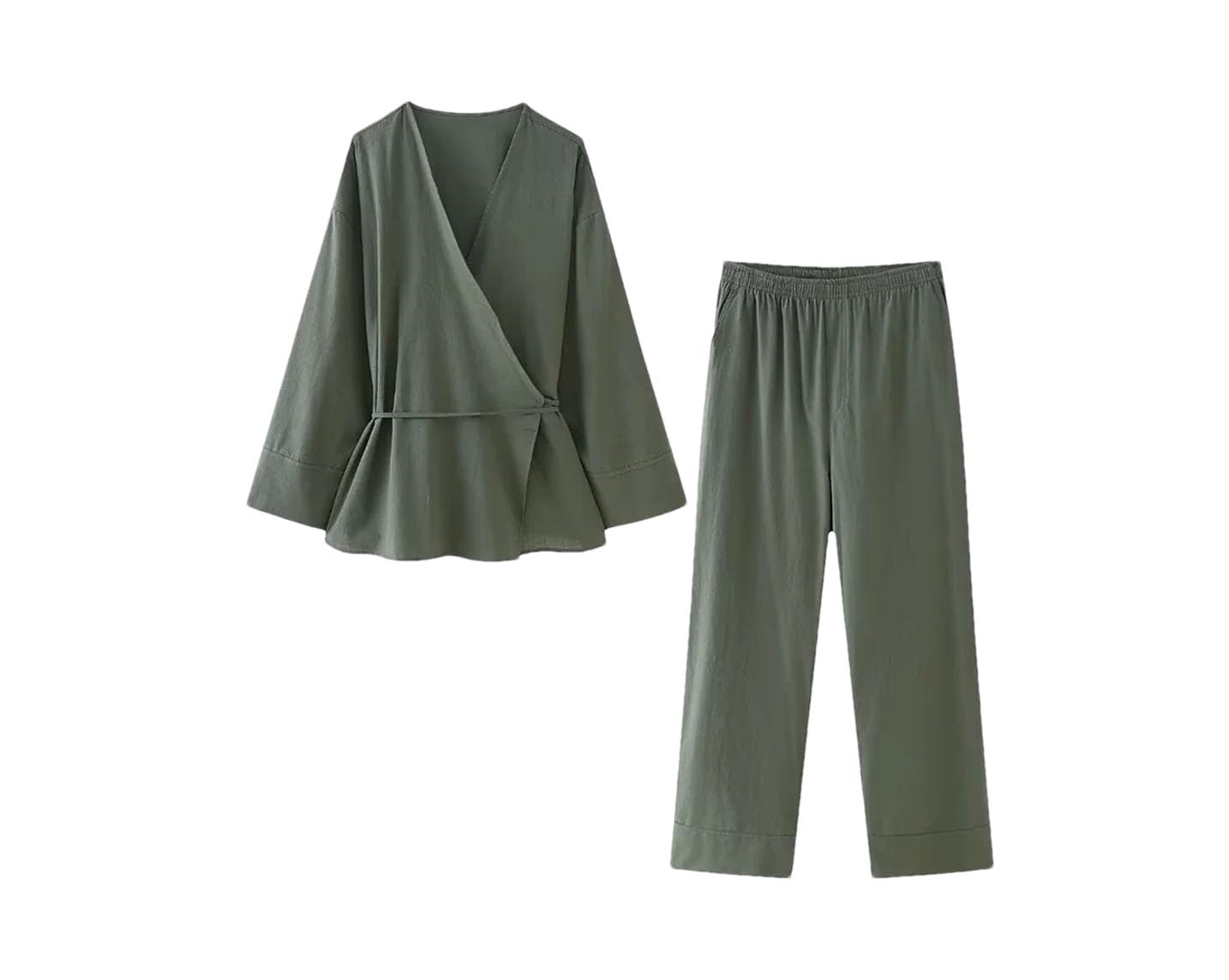 Women Two Piece Set Solid Lace Up Loose Coats Vintage High Elastic Waist Trousers Sets