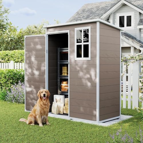 Image of UDPATIO Outdoor Resin Storage Shed 5x3 FT, Plastic Garden Shed for Bike, Garbage Can, Tool, Outside Sheds with Lockable Door for Backyard, Patio, Lawn, Brown