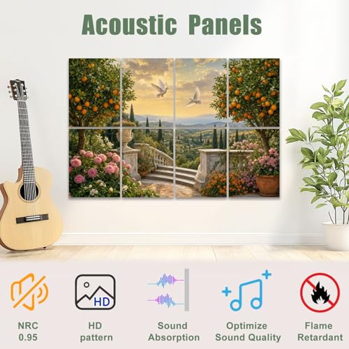 Paneles acústicos artísticos 8 Pack, absorción de sonido, diseño con árboles y flores mediterráneas, autoadhesivos para estudios de grabación y oficina, 48"x32" miniatura 3