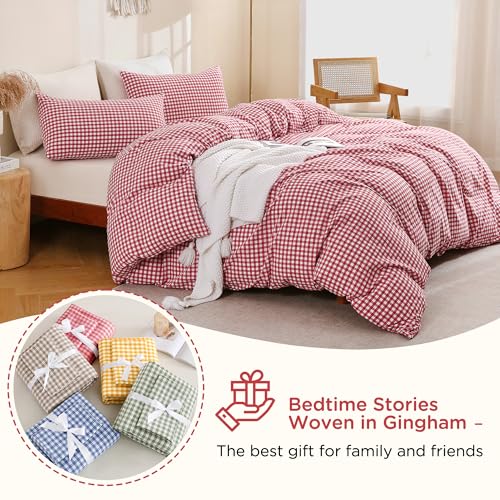 Image of TOCOMOA Red Gingham Duvet Cover Bedding Set 100% Washed Cotton Like Linen Feel Super Soft Comfortable 3 Piece Cute Plaid Checkered Comforter Cover Set (King 104 inchx90 inch, Comforter Not Included)