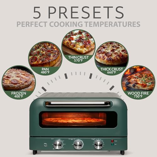 Image of WILLOW Eco Series Electric Indoor Pizza Oven - 1800W, 5 Presets, Heats up to 750F, Countertop Pizza Maker with 12 inch Ceramic Stone for Pizzeria-Style Crust, Scraper and Cutter Included - GREEN