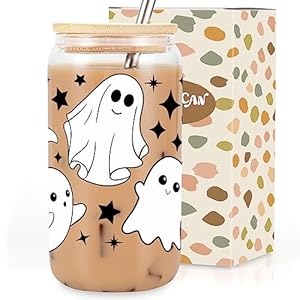 Coolife Ghost Halloween Cup, 16 oz Can Shaped Tumbler Glass Cups w/Bamboo Lids Straws – Spooky Iced Coffee Cup, Smoothie Cup, Cute Halloween Gifts for Women, Girls, Spooky Gifts for Teens, Boys, Her