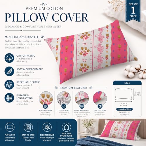 Image of IVAZA 240 TC Soft Ezyption Floral Single Bed Sheet Cotton - Single bedsheet with 1 Pillow Cover Hypoallergenic, Brethable, (Size- 60 x 90 Inch Pink Flower