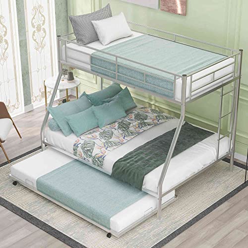 Cotoala Twin Over Full Metal Bunk Bed with Sturdy Steel Frame, Bunkbed with Twin Size Trundle, Two-Side Ladders, No Spring Box Required, Silver