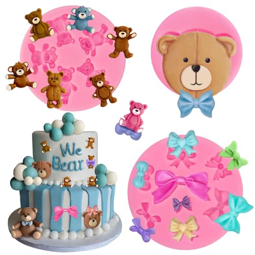 3 Pcs Bear Silicone Mold Fondant Bear Mold Candy Cake Bow Chocolate Molds for Cake Decoration, DIY...