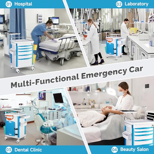 Image of Crash Cart Medical ABS Material, Medical Cart with Drawers, Adjustable IV Pole, Silent Casters, Trash Bins, O2 Holder, Needle Disposal Holder, CPR Board, Nursing Cart for Hospital Clinic