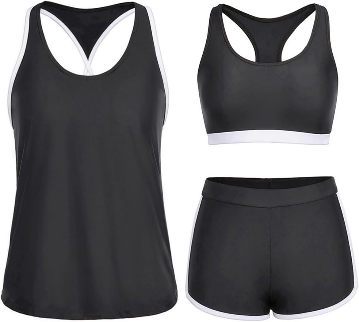 Yonique 3 Piece Athletic Tankini Swimsuits for Women with Shorts Swim Tank Tops with Sports Bra and Boyshorts Bathing Suits