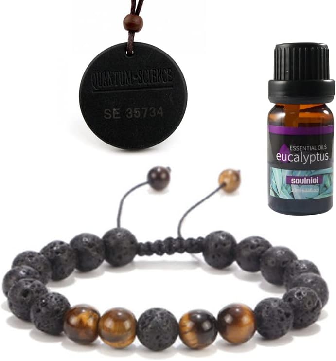 SoulnioiSoulnioi Anti EMF Radiation Protection Quantum Black Pendant Energy Necklace Scalar Black Gun Plated, 8mm Volcanic Stone Braided Bracelet Energy Yoga Tiger Eye Beaded Adjustable Bracelet,