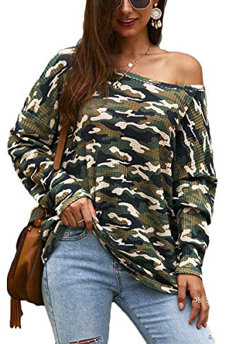 BOOSOULY Womens Camouflage Print Waffle Knit Tops Plus Size Pullover Jumpers Green XL